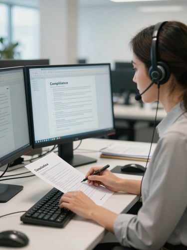 Close medium shot of a call center agent at a dual-monitor workstation reviewing a compliance document, hands visible on keyboard, even bright office lighting, Bella Vista office environment visible in soft background, documentary framing