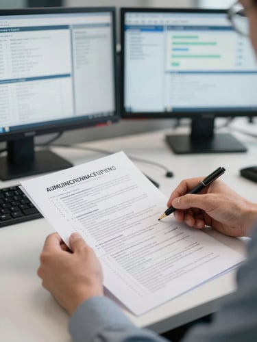 Close-up of an operations supervisor's hands reviewing printed compliance documentation at a desk, a dual-monitor workstation visible in the background with active dashboards, bright even office lighting, shallow environmental depth, medium shot framing