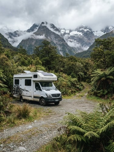 Wide-angle environmental shot of a self-contained motorhome parked on a gravel pad in a lush green Department of Conservation clearing in Southland, surrounded by native ferns and towering mountains under natural overcast daylight.