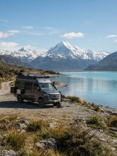 Wide-angle environmental shot of a rugged 4x4 campervan parked on a gravel pad near a pristine New Zealand glacial lake, towering Southern Alps in the background, crisp natural daylight.