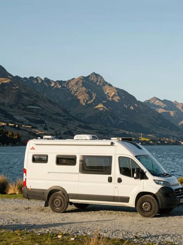 A self-contained motorhome parked on a gravel pad overlooking a pristine New Zealand lake at golden hour, mountains in the distance