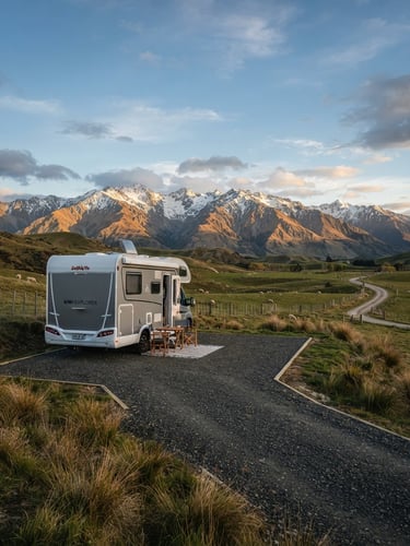 Wide-angle landscape photo of a self-contained motorhome parked on a neat gravel pad on a Canterbury farm, golden hour light hitting the Southern Alps in the background.