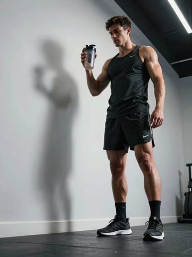 Dynamic low-angle shot of a high-performance athlete holding a shaker cup in a crisp, high-contrast training facility with dramatic shadows.