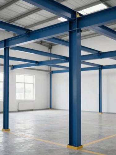 Architectural shot of a modern, clean workspace interior with deep blue structural elements and precise gold accents, bright natural light, crisp focus, no people.