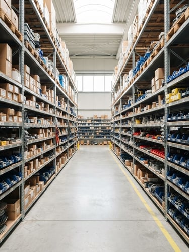 Wide, straight-on shot of organized warehouse shelves stocked with industrial hardware, bright natural daylight, crisp focus, no people, clean environment.