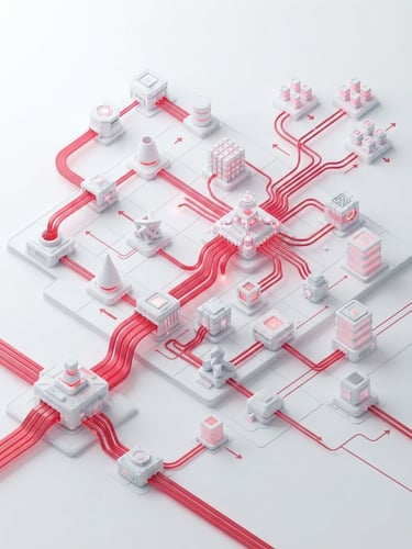 Abstract technical isometric schematic of secure enterprise data pipeline, showing precise geometric nodes and crimson data flows on soft white background, high-key studio lighting, octane render.