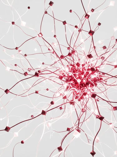 Minimalist 3D render of neural connections, crimson and soft white tones, precise geometric nodes, high-key studio lighting, octane render