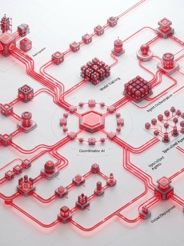 Isometric technical schematic of a multi-agent AI pipeline, glowing crimson nodes, clean white background, high-key studio lighting, octane render