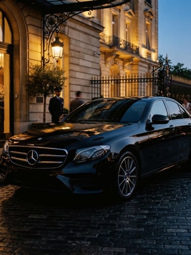 Gleaming black Mercedes E-Class sedan parked elegantly in front of a luxury hotel at dusk, golden hour reflections on its body, dramatic low-key lighting, sharp editorial style, 35mm