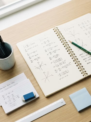 Overhead flat-lay of neatly organized study materials, a notebook with clean math equations sketched in black ink, a green pencil, bright daylight, 35mm