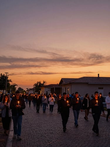 Wide panoramic shot of a religious outdoor procession at golden hour, hundreds of devotees carrying lit candles through a cobblestone street, warm amber light stretching across the scene, sky deep orange and violet, subject fills the lower third