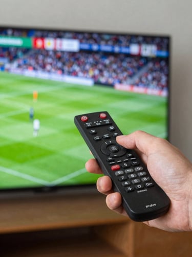 Tight shot of hands holding a remote control pointed at a television screen glowing with a live football broadcast, stadium green visible on screen, natural living-room ambient light, sharp focus on the hands and screen edge