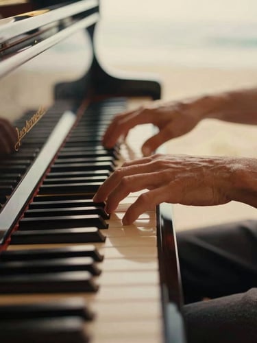 Close-up of a pianist's hands gracefully playing ivory keys on a grand piano, warm golden hour light, shallow depth of field, elegant medium shot, 35mm film
