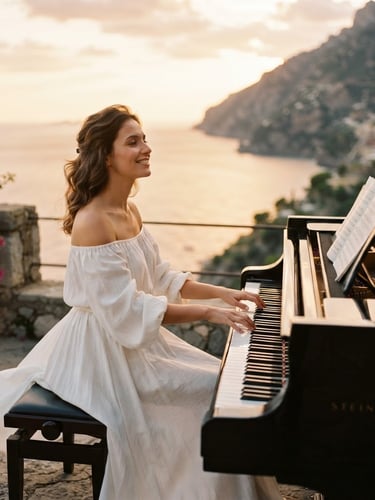 Elegant portrait of a female pianist in a flowing white dress, sitting at a sleek grand piano overlooking the Mediterranean sea at golden hour, shallow depth of field, sun-drenched tones, 35mm film.