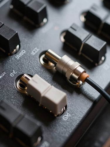 Macro shot of physical analog synthesizer patch cables plugged into a dark matte metal panel, harsh single-source side lighting, deep shadows, clinical precision.