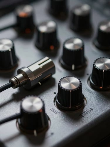 Extreme macro photograph of physical synthesizer patch cables and metallic dials, low-key single-source lighting, harsh metallic highlights, dark background.