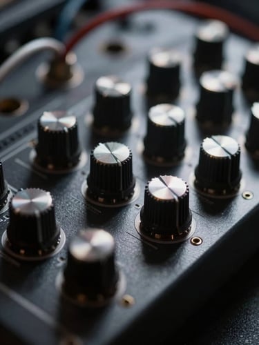 Extreme close-up macro shot of physical modular synthesizer patch cables and metallic dials, stark low-key lighting mimicking vacuum space, deep shadows, bright metallic highlights, clinical aesthetic.