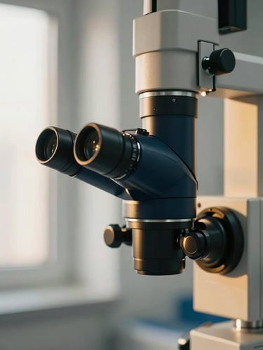 Close-up of a modern ophthalmic microscope in a sterile operating room, warm gold accents, soft window light