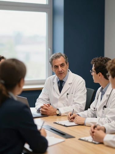 Candid shot of Dr. Öğretmenoğlu discussing clinical ophthalmic cases with a group of international medical colleagues around a modern conference table.