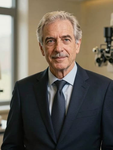 A professional, high-end medium-close portrait of a senior male eye surgeon in a dark navy suit, soft natural window light, clinical background with modern ophthalmic equipment blurred, warm gold accent tones, 85mm
