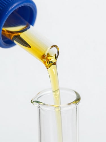 Macro close-up of golden oil flowing through a pristine glass laboratory tube, clinical white background, glossy reflections, 35mm