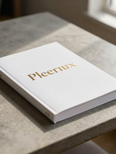 A premium hardbound whitepaper with gold foil lettering resting on a minimalist concrete table, warm side lighting, elegant shadows