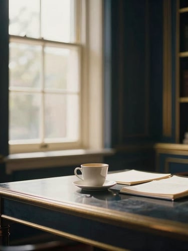A quiet, sunlit private estate office with warm window light, deep navy and champagne gold accents, shallow depth of field, 35mm editorial photography.