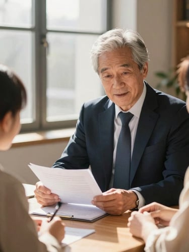 A professional senior financial advisor in a warm, sunlit modern office, consulting with an elegant family over documents, soft window light, shallow depth of field, 35mm