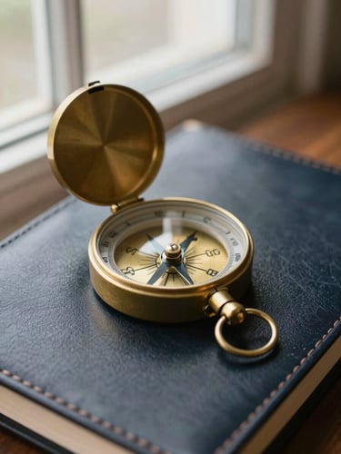 Close-up of a vintage brass compass resting on a dark leather-bound ledger, soft natural window light, warm gold accents, shallow depth of field, 35mm