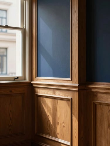 Architectural detail of a private wealth office, warm natural window light casting soft shadows on oak paneling, elegant and quiet atmosphere, 35mm editorial photography