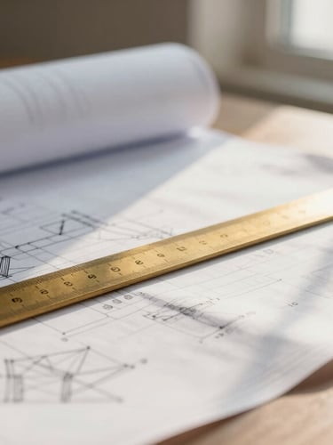 An architect's desk with detailed blueprints, a brass ruler, and soft morning sunlight streaming across the paper, shallow depth of field, 35mm