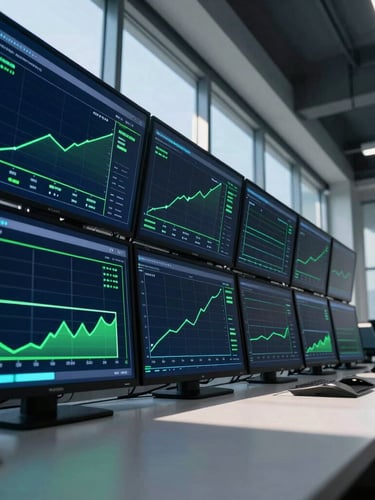 Low-angle technical shot of a clean control room with high-tech data screens displaying real-time energy analytics, sharp neon green and deep navy blue interface lines, modern industrial aesthetic.