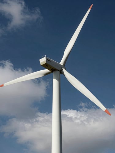 Low-angle heroic shot of modern wind turbine blades cutting through low clouds, crisp technical lighting, 35mm industrial photography
