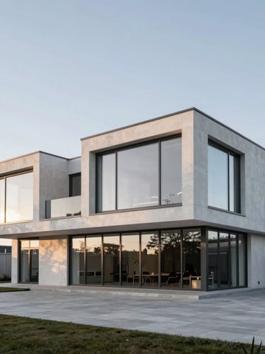 Wide-angle architectural shot of a modern Swedish villa with floor-to-ceiling glass façades, reflecting a soft low-angled Scandinavian sun, clean lines, minimalist luxury