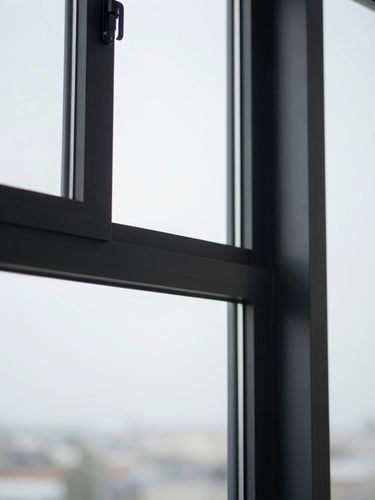 Minimalist matte black aluminium window frame, architectural detail, crisp daylight