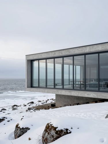 Wide-angle architectural exterior shot of a minimalist concrete villa on a snowy cliffside, massive floor-to-ceiling glass windows framing a frozen Baltic sea, overcast winter light, 35mm photography