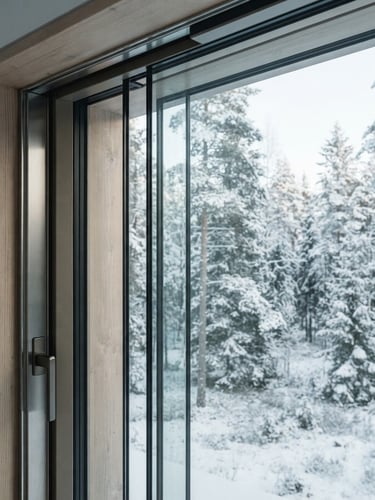 Architectural close-up of a flush window track and triple-glazed glass pane framing a snowy Swedish pine forest, cool desaturated tones, crisp Nordic daylight, 35mm