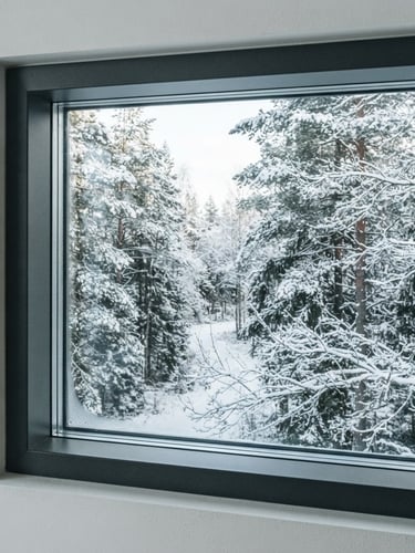Extreme close-up of a flush-mounted triple-glazed window frame, minimalist matte charcoal aluminium, looking out onto a snowy Swedish pine forest, crisp Nordic daylight, architectural photography