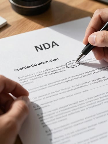 Extreme close-up of a printed NDA document on a raw oak desk, a hand with a pen resting on the 'confidential information' definition clause, soft north-facing window light casting true shadows across the page, one phrase circled in pencil