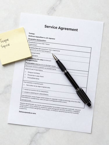 Flat-lay overhead of a service agreement document on a white marble surface, a fine-tip pen resting diagonally across the deliverables section, a small sticky note with handwritten scope notes nearby, soft diffused daylight from the left