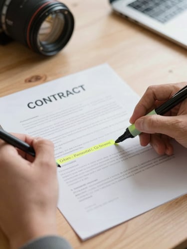 Close-up of a vendor contract laid flat on a light wood desk, two hands — one annotating with a highlighter, one holding a pen — meeting near the payment terms clause, north-facing daylight, shallow depth of field on the highlighted line