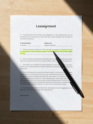 Overhead flat-lay of a residential lease agreement laid on a light wood desk, a pen resting across the signature page, a highlighted clause visible mid-document, north-facing daylight casting soft true shadows across the paper