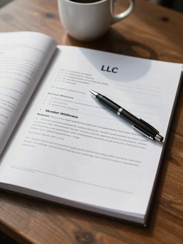 A single LLC operating agreement document open on a small-business wooden desk, pen placed on the member withdrawal section, coffee mug partially visible at the top edge, soft north-facing window light, true shadows across the page