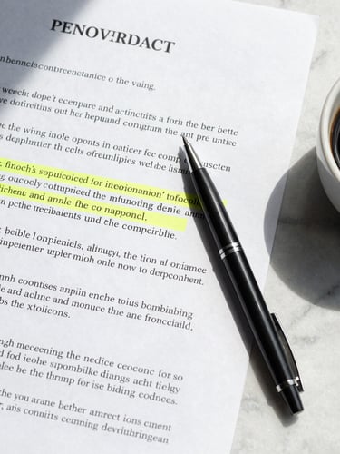 Extreme close-up overhead flat-lay of a printed freelance contract on a light marble surface, several clauses highlighted in soft yellow, a ballpoint pen resting diagonally across the page, north-facing daylight with real shadows, partial coffee cup visible at the far right edge