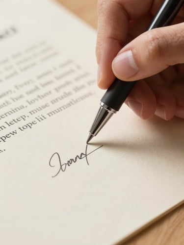 Extreme close-up, north-facing daylight: a hand holding a fine-tipped pen poised above a signature line on a printed contract, the clause text above softly in focus, the pen tip sharp against cream paper, resting on a light wood desk surface — no faces, no suits, no glowing screens