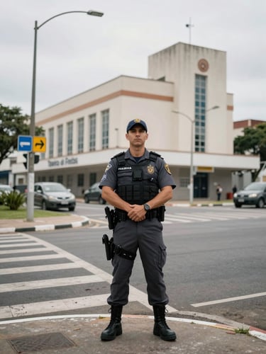 Environmental wide shot of a Guarda Municipal officer in full uniform standing at a city intersection in Teixeira de Freitas, overcast morning daylight, street signage and municipal building visible in background, no faces in close-up, framing emphasizes urban scale and civic presence