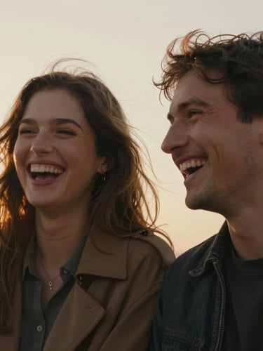 Cinematic portrait of a couple laughing naturally, warm golden hour backlighting, soft wind in hair, low angle, film-still 16:9 feel.