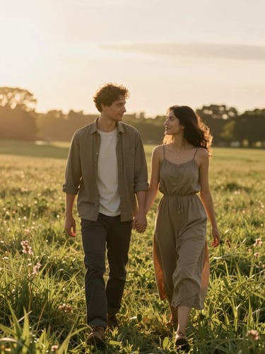 Cinematic portrait of a couple walking in a sun-drenched meadow, warm golden hour backlighting, soft lens flare, 16:9 frame style.