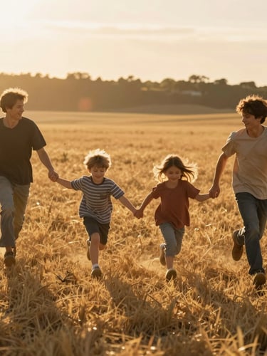 Cinematic wide shot of a young family running through a sun-drenched golden field, backlit by the low evening sun with soft natural lens flares.
