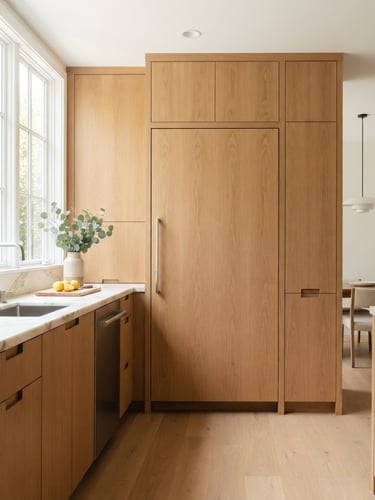Bright high-key lifestyle photography of a modern minimalist kitchen, a premium built-in refrigerator integrated into warm oak cabinetry, soft natural light from a side window, crisp details, 50mm lens
